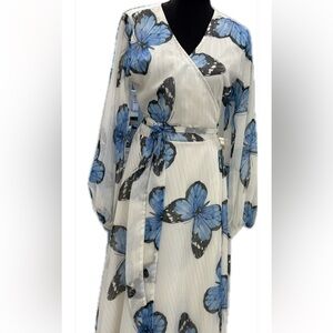 Boston Proper Blue Butterfly Chiffon Wrap Dress – Size M 🦋